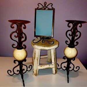 Bundle set of 3. Wrought iron Candle holders w/faux marble accent+Picture Frame
